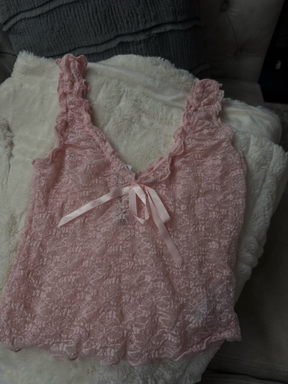 Garage Pink Lace Crop Cami with Ribbon